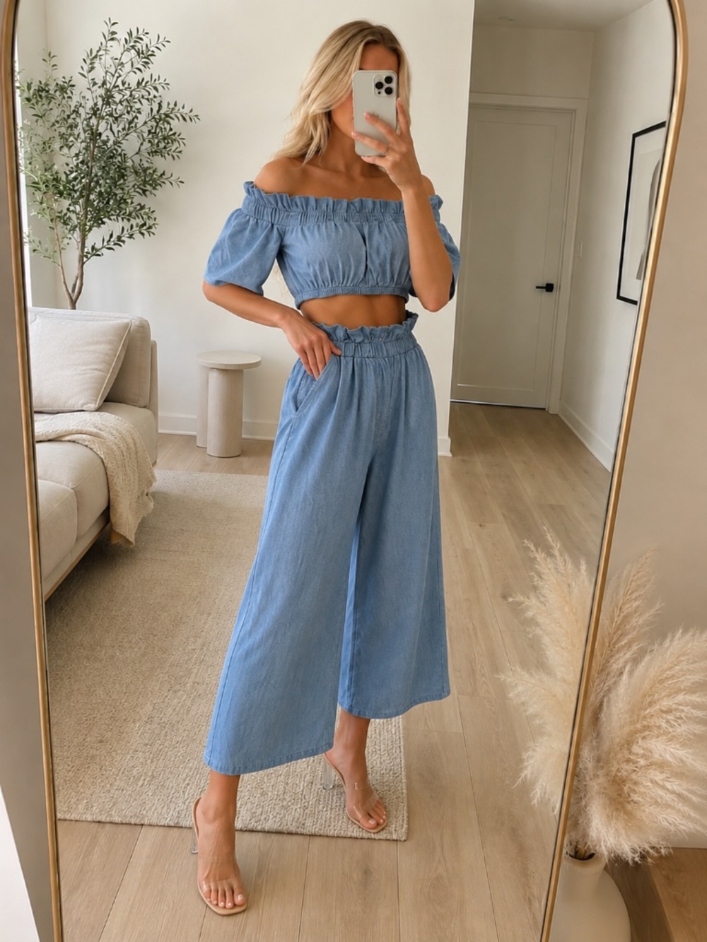 NWT Light Denim Ruffle Crop Top Pants Set Medium